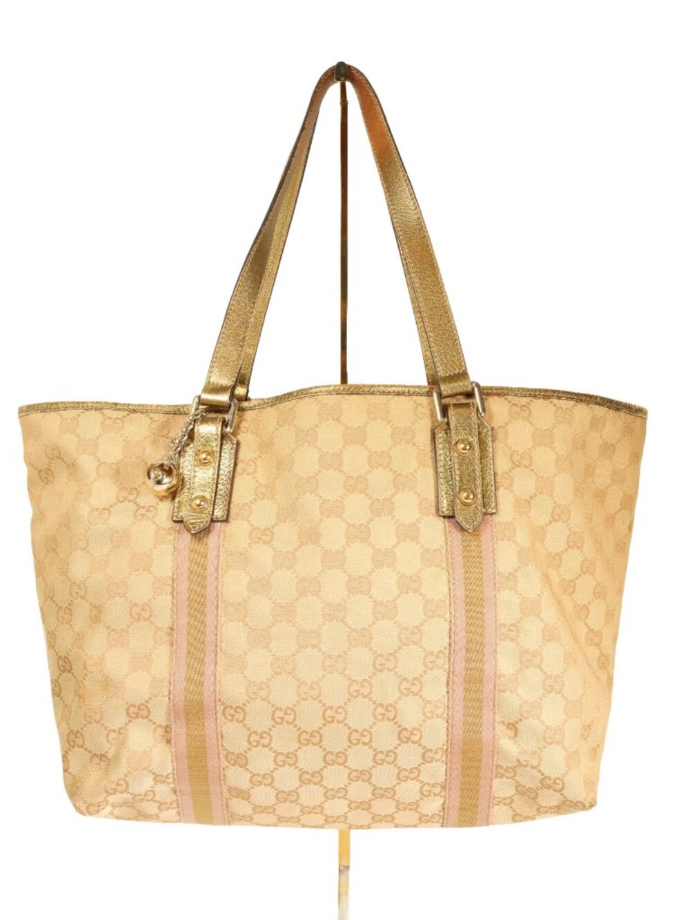 Gucci Vintage Jolicoeur GG Canvas Charm Tote Bag (Metallic Gold & Pink Stripe)